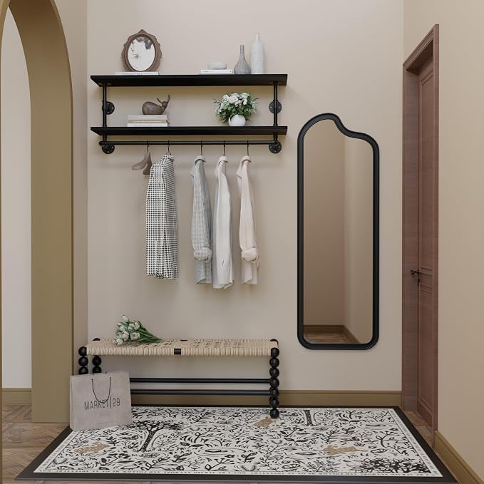 Black Clothes Rack 48in, 2-Tier Wall Mounted Garment Rack with Real Wood Shelf, Heavy Duty Hanging Clothes Rack, Multi-Purpose Hanging Rod, Space-Saving Closet Storage