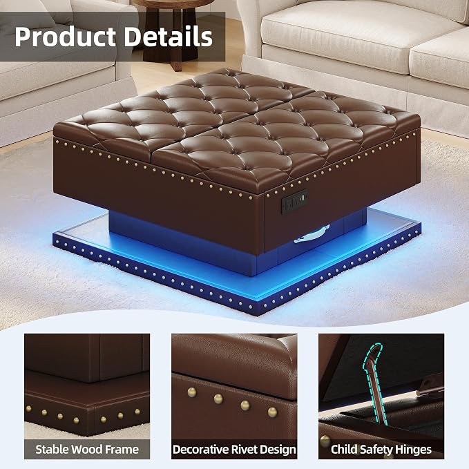 Large Square Ottoman with Storage, Square Storage Ottoman Coffee Table | Coffee Table Storage Ottoman Bench with Lift Top and Two Tier Drawers, LED Ottoman Bench with Charging Station, Brown