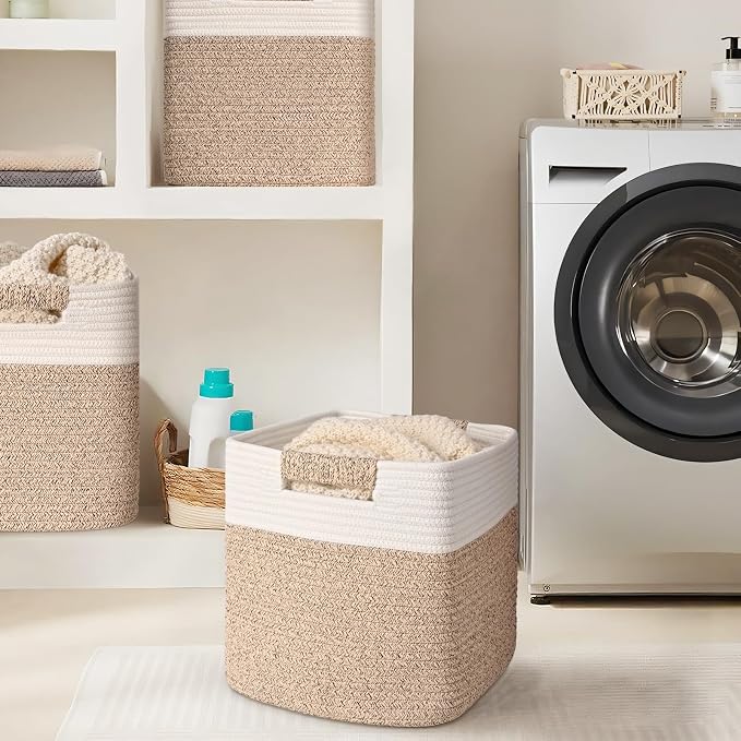11 Inch Storage Cubes, 3 Pack Cube Storage Bins for Organizing, Cotton Rope Woven Baskets for Shelves, Bathroom, Kids Room, Closets, Baby Nursery