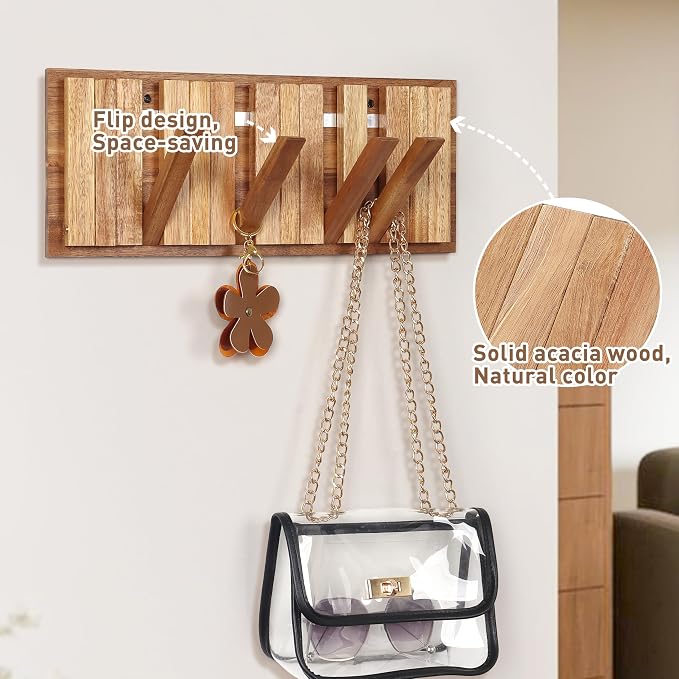 Wall Coat Rack for Entryway: Folding Wood Rustic 8 Hooks | 16.5inch Piano Hanger for Small Space Bathroom Hallway for Towel Backpack Jacket - Farmhouse Design Decor (Neat Style)