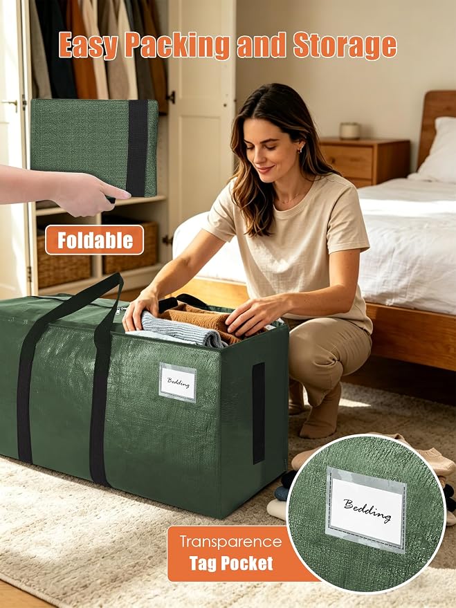 SWEET DOLPHIN 8 Pack 200LB Heavy-Duty Moving Bags with Wrap-Around Handles, Extra Large Storage Totes for Space Saving, Clothes Storage Bags, College Dorm Essentials, Green, 24 Gal
