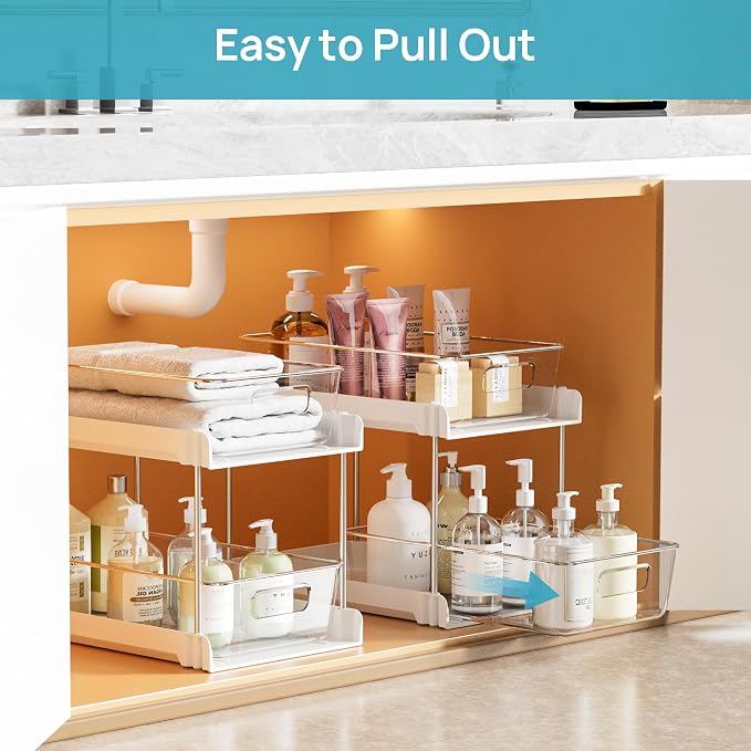 Vtopmart 2 Pack Pull Out Bathroom Under Sink Organizer (S-Standard, White) | Slide-out drawers, Multi-purpose storage, Clear visibility, Easy Set-up