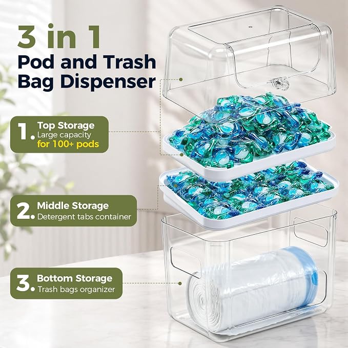 Trash Bag Dispenser & Dishwasher Pod Holder, 3-in-1 Trash Bag Holder Laundry Pods Container with Moisture-Proof Lid, Acrylic Garbage Bag Dispenser for Under Sink Organizer Laundry Room Organization