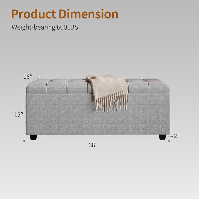 38" Grey Fabric Storage Ottoman Bench with Hinged Lid | Solid wood frame bench, 4-leg easy assembly. Use as end-of-bed, footrest, entryway seat. Hinged hidden storage, multi-use.