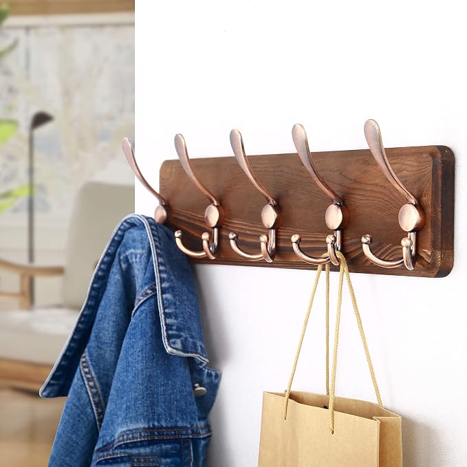 SKOLOO Rustic Pine Wood Wall Coat Rack with 5 Triple Hooks, 16" Stud Spacing, Farmhouse Wall Mounted Coat Rack for Hanging Backpack, Jacket, Hat
