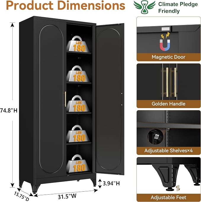 Polup 75" Tall Metal Kitchen Pantry Storage Cabinet with Doors and Shelves | Black Heavy-Duty Steel, 4 Adjustable Shelves & Magnetic Latch, Leveling Feet & Anti-Tip, for Office, Garage, Laundry & Home
