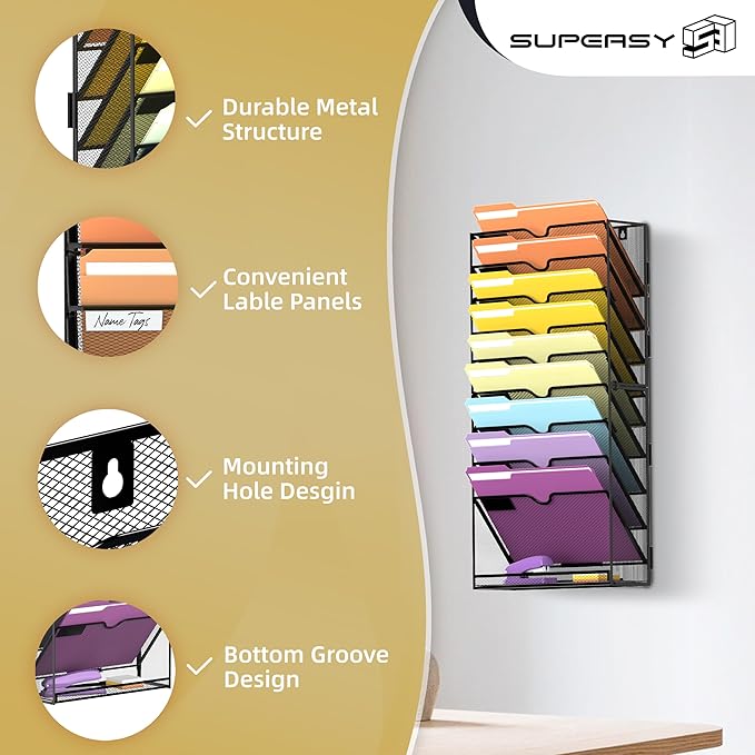 SUPEASY 10Tier Hanging Wall File Holder Organizer for Papers, Folders, Files Clipboard & Magazine Organization Great for Office Home, Assembly Needed, Black | Paper, Folder, Magazine Rack Great for Office Home School, Assembly Needed, Black