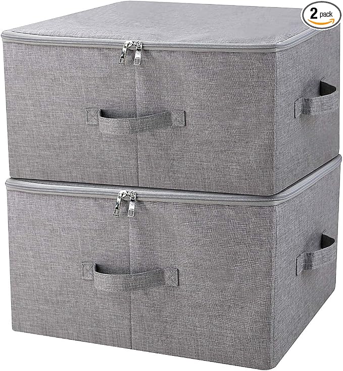 Folding Rigid Storage Baskets for Clothing, Closet Shelf Drawers, 2 pcs | 17.6*13.6*9.7" fits most shelves/ closet/ wardrobes, 3-side zipper lid for heavy large stuff, sturdy fabric plastic boards
