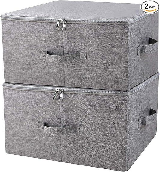Folding Rigid Storage Baskets for Clothing, Closet Shelf Drawers, 2 pcs | 17.6*13.6*9.7" fits most shelves/ closet/ wardrobes, 3-side zipper lid for heavy large stuff, sturdy fabric plastic boards
