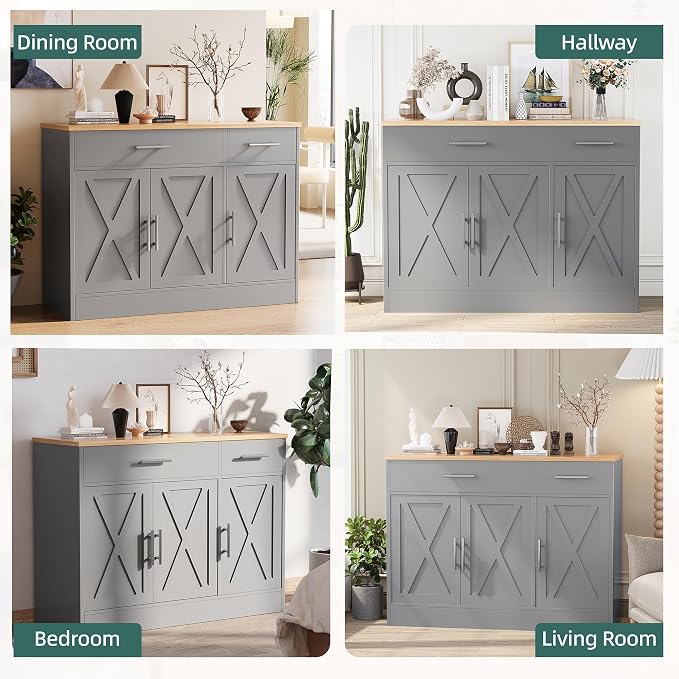Shintenchi Modern Farmhouse Sideboard Buffet Cabinet with Storage with 3 Doors,42" Barn Doors Buffet Cabinet with Storage,Wood Coffee Bar Cabinets with Adjustable Shelf for Kitchen,Living Room,Grey