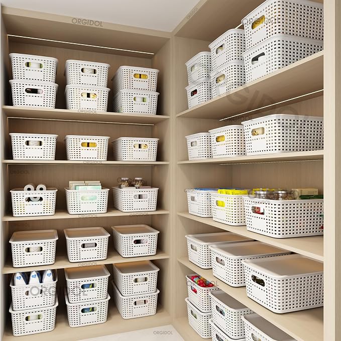 ORGIDOL Plastic Storage Basket with Lids 10 Pack Stackable Storage Bins Containers with Lid, Decorative Storage Boxes for Organizing Shelves, Drawers, Playroom, Classroom, Office, Closet, White