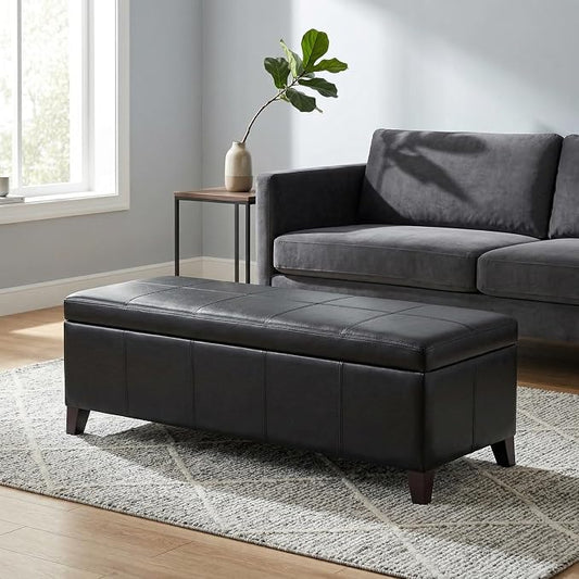 51" Black Faux Leather Storage Ottoman Bench | Foot Rest with Hinged Lid, Long Rectangle Bed Bench for Living Room, Bedroom, Entryway