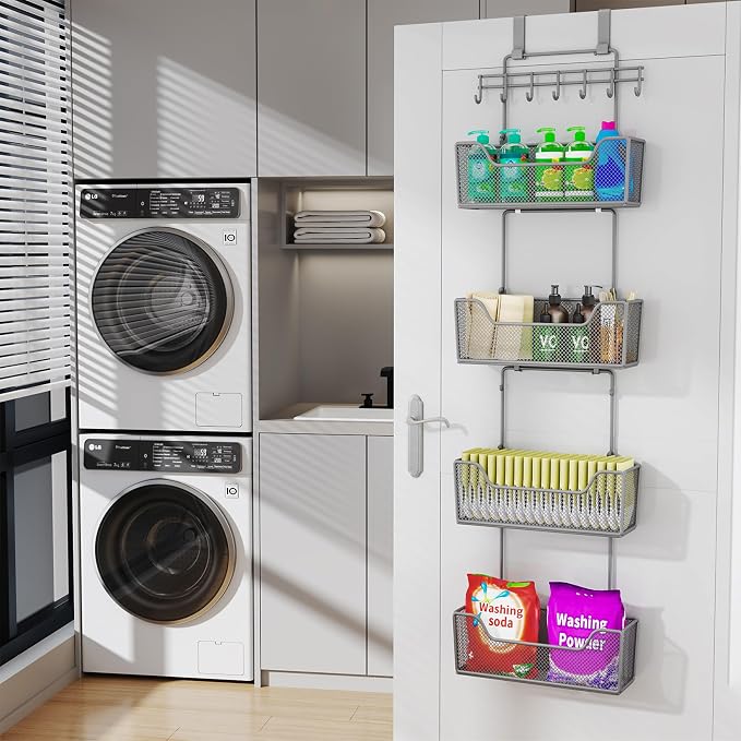 HapiRm Over The Door Organizer - Hanging Door Organizer with 4 Metal Large Capacity Baskets and Adjustable Coat Hook for Bathroom Bedroom Kitchen Pantry Closet Cabinet