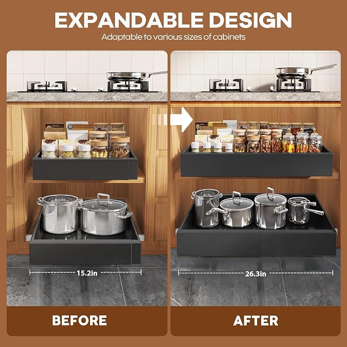 Seinloes 2 Pack Expandable Pull Out Cabinet Organizer 21"Deep With Raising Pad for Framed Cabinets,Upgrade 3 Slide Rails Slide Out Drawers,Roll Out Shelves Adhesive,Adjustable Width 15.15"-26.3" Black