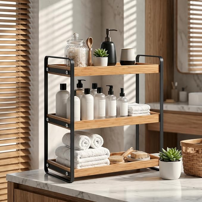 Bathroom Counter Organizer with Basket, Bathroom Organizers and Storage,Skincare Organizers for Vanity,Storage Organizers for Bathroom, Kitchen, Dresser (3-Layer)