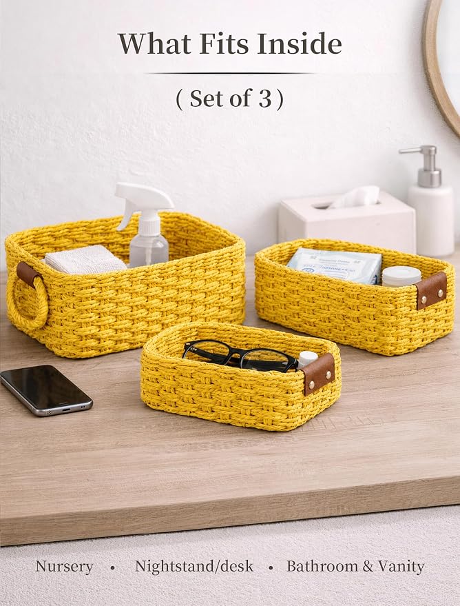 Small Wicker Baskets, 3 PCS Paper Rope Baskets for Shelves, Yellow | Recycled Small Baskets, 3 Sizes Woven Baskets for Organizing, Decorative Storage Baskets for Bedroom and Bathroom