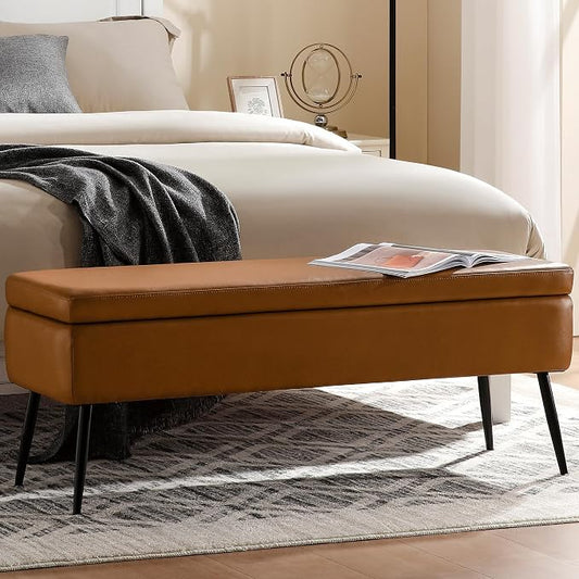 kinmars Leather Storage Ottoman Bench, End of Bed Bench with Steel Legs | Brown Leather Smooth Upholstery Design | 660 lb Capacity | Safety Hinges |Mid-Century Modern Style | Bedroom & Entryway