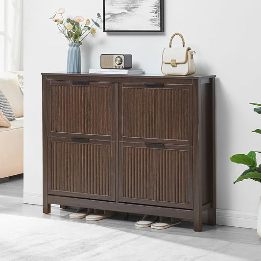 4-Flip Drawer Shoe Cabinet Narrow Entryway Rack, Brown | Vertical Wood Grain, Metal Handles, Adjustable Compartments, Removable Shelf, Anti-Tip Device, for Hallway Foyer Entryway