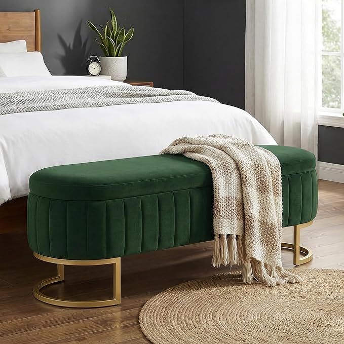 51" Velvet Storage Ottoman Bench End of Bed for Bedroom Entryway Green