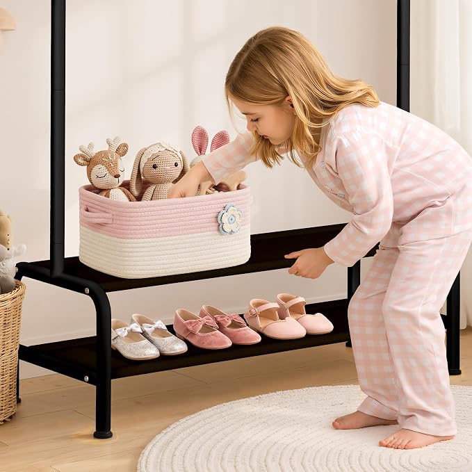 mirolam Kids Clothing Rack - Small Garment Rack - Small Kids Costume Wardrobe Rack with 2 Fabric Floors Storage Shelf - Mini Short Baby Toddler Clothes Rack