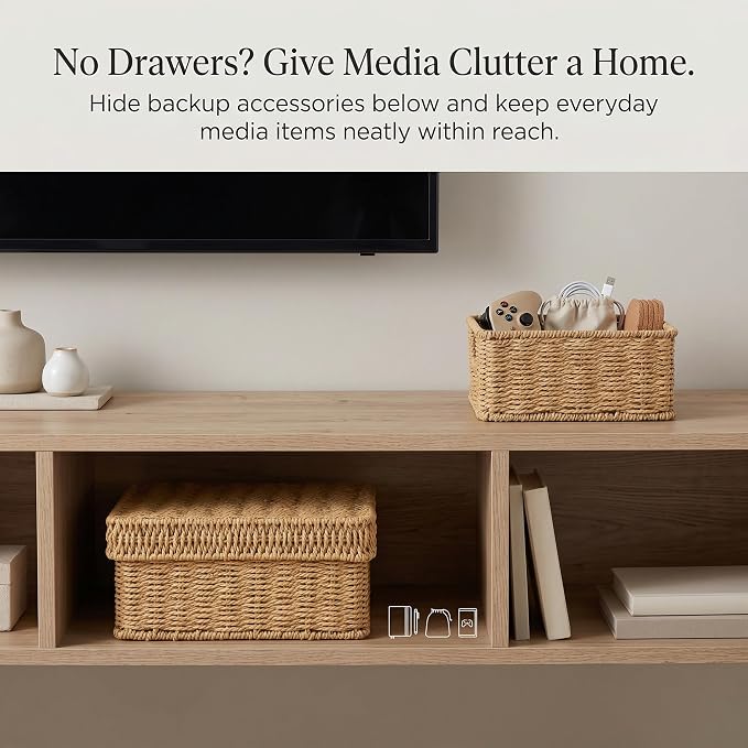 Wicker Storage Basket with Lid for Shelves, Set of 2, Natural | One rectangular wicker basket with lid and one open basket for decorative shelf storage; removable lid flips into a tray.
