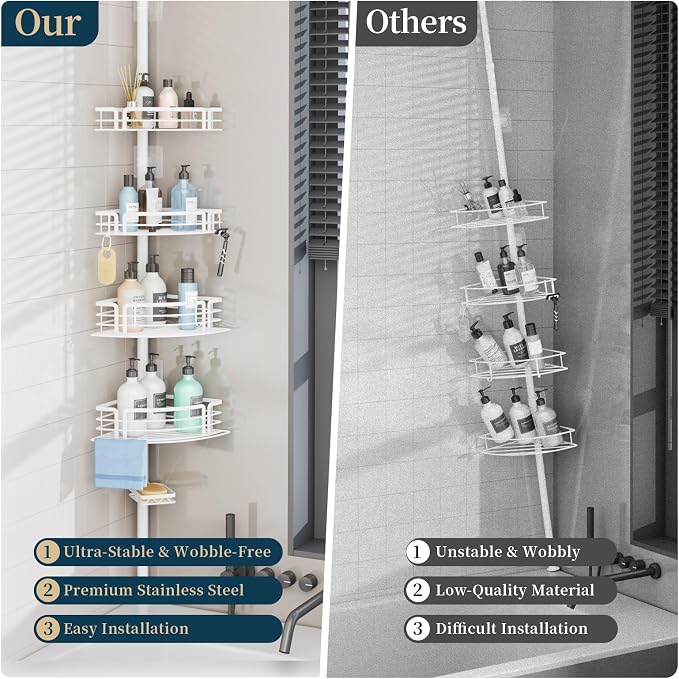 Consumest Shower Caddy Tension Pole - Adjustable Corner Shower Organizer with Soap Holder, Bath Shelves for Bathroom Storage, 27.6-108.3 inch, White