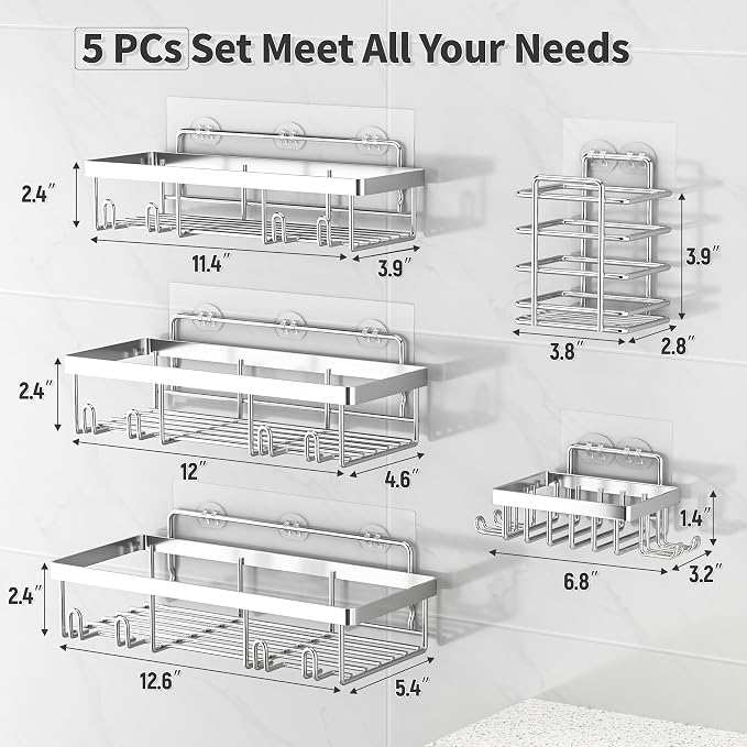 Liuoud 5 Pack Shower Caddy Organizer Rack Shelf for Inside Shower, Self Adhesive Bathroom Wall Storage Basket Rustproof Stainless Steel Large Capacity Shampoo Holder, Silver