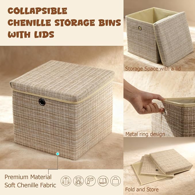 modscape 12x12x12 Collapsible Fabric Cube Storage Bins with Lids | Clothes storage bins for shelves, closet, bedroom. Decorative boxes with lids, treasure box for classroom(Shining Beige, 3)