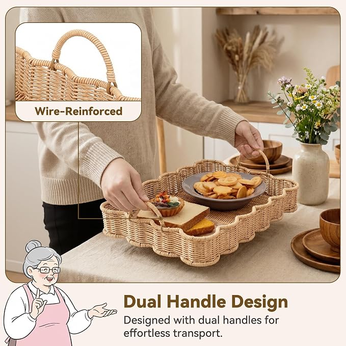 GRANNY SAYS Scalloped Edge Rectangle Wicker Serving Tray, Coffee Table Tray, Serving Trays with Handles, Decorative Tray for Entryway, Coffee Table, Woven Tray for Serving, 15 ¾"×11 ½"×2 ¼"