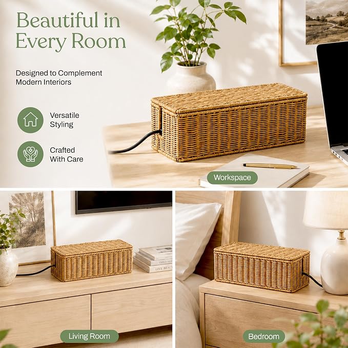 Cable Management Box Set of 2 Sizes, Handmade Rattan Cable Organizer with 2 Open Slots, Cord Hider for Power Strip, Router & USB Hub, Registered U.S. Design Patent (D1,112,102), Natural