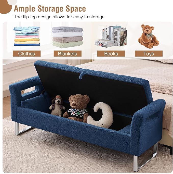 66" Storage Bench for Bedroom Upholstered End of Bed Bench King Size Blue | Long Bedroom Benches for Foot of Bed King,Teddy Storage Bed Bench with Gold Legs,2 Pillows for Entryway Windows Cloakroom