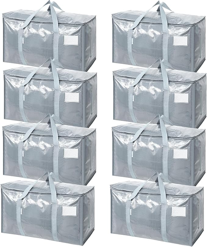 TICONN 8 Pack Extra Large Moving Bags Heavy Duty with Zippers & Carrying Handles, Durable Storage Bags Moving Boxes for Closet Organizers and Storage (8 Pack, Light Grey)