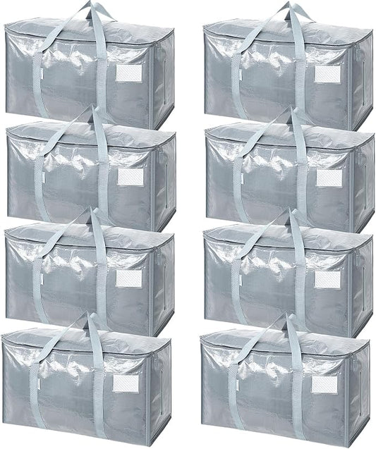 TICONN 8 Pack Extra Large Moving Bags Heavy Duty with Zippers & Carrying Handles, Durable Storage Bags Moving Boxes for Closet Organizers and Storage (8 Pack, Light Grey)
