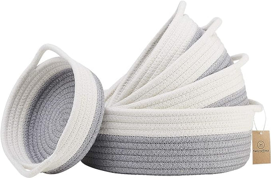 5-Piece Round Woven Cotton Rope Storage Baskets for Organizing, Small Shallow Nesting Set for Montessori Toys, Entryway Catchall, Fruit Bowl, Key Tray, Remote Holder, Nursery & Pet Toys