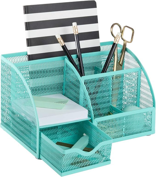 BLU MONACO Aqua Desk Organizer | Metal Turquoise Stationery Holder With Drawer and Compartments | Desktop Storage for School, Bedroom, Locker and Home | 5.5”D x 8.6”W x 5”H Accessory Caddy