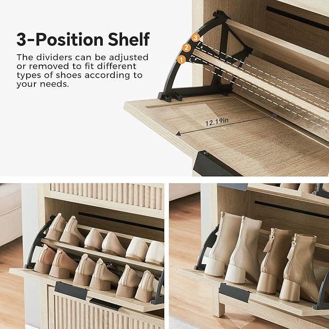 2-Flip Drawer Shoe Cabinet Narrow Entryway Rack, Oak | Vertical Wood Grain, Metal Handles, Adjustable Compartments, Removable Shelf, Anti-Tip Device, for Hallway Foyer Entryway
