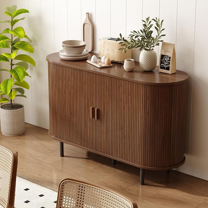 48" Sideboard Buffet Cabinet with Storage, Storage Cabinet with Sliding Door & Adjustable Shelf, Modern Accent Coffee Bar Console Table for Kitchen, Entryway, Walnut