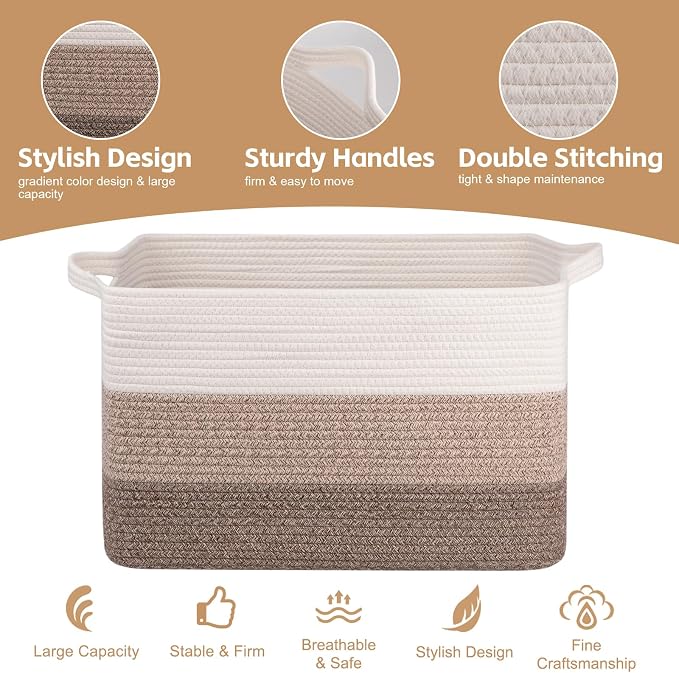 OIAHOMY Extra Large Blanket Basket, 110L Cotton Rope Woven Laundry Basket, Toy Bin for Baby Room, Container for Blanket Storage in Living Room, 24.8''×17.3''×15.8'', Gradient Brown