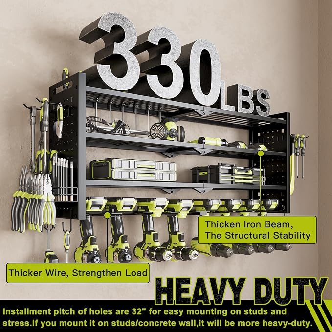 NattyDot Power Tool Drill Holder Wall Mount, 4Tier Garage Organizer, Black | 4-tier Utility Rack Stores 8 Cordless Drills, Batteries and Accessories while Freeing Extra Garage Wall Storage Space