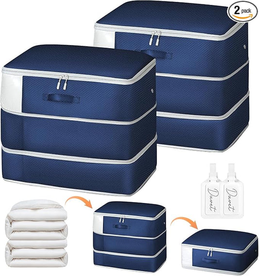 Comforter Storage Bag - Large Capacity Blanket Storage Bags 3-Layer Ultra Space Saving Self Compression Organizer, Washable Compression Bags for Storage Comforter Blanket, 2-Pack, Navy Blue