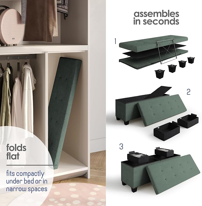 Storage Ottoman Bench with Bins, 43-in Storage Bench for Bedroom End of Bed, Folding Foot Rest Ottoman for Living Room Max 660lbs, Fabric Ottomans, Green