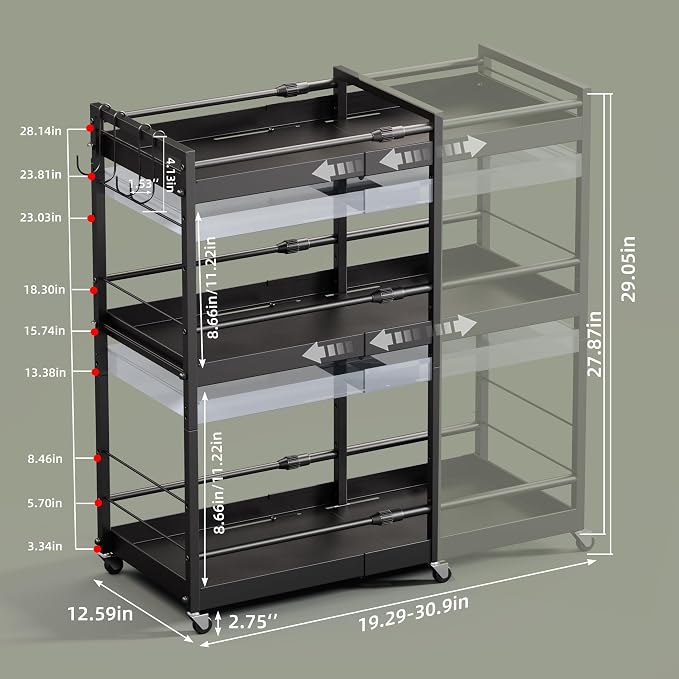 3 Tier Expandable Rolling Cart with wheels, pantry organizers and storage | kitchen Storage Cart for cans,food,snack and appliances，Adjustable shelf board height，Black,12.59"D×19.29-30.9"W×29.05"H