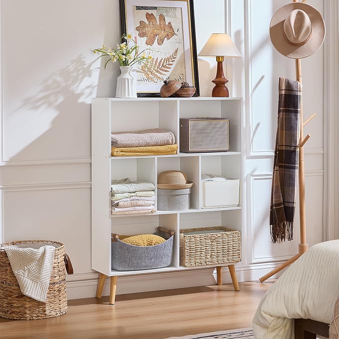 LEYAOYAO Cube Bookshelf, Mid-Century Modern Book Shelf with Legs, White | 3 Tier Bookcase, Rustic Wood Bookshelves Freestanding Small Storage Organizer, Open Shelves for Bedroom, Living Room, Office