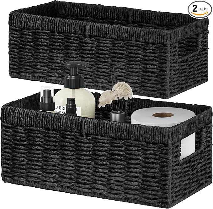 Wicker Storage Basket, Set of 2 Hand-Woven Paper Rope Wicker Baskets for Organizing Decor Storage Bins for Counter Shelves Pantry Basket Small Toilet Paper Basket for Toilet Tank Top, Black