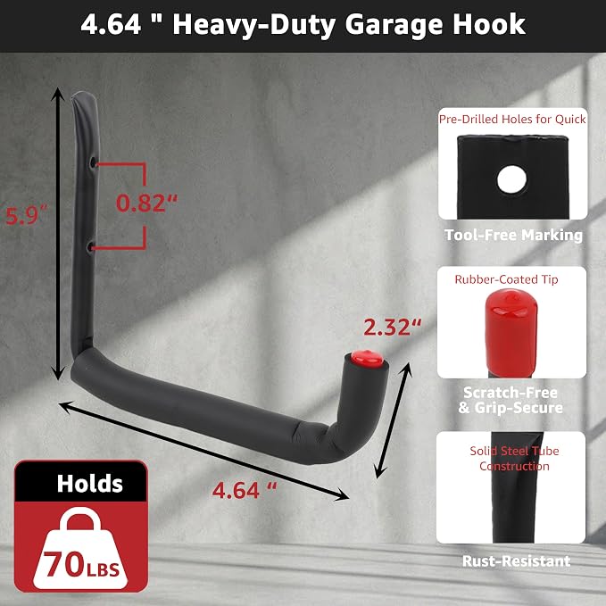 20-Piece Garage Storage Hooks System - 6x9.8” Utility Hooks with EVA Padding (50 LB Capacity) + 6 J Hooks & 6 Storage Straps, Wall Mount Organizer for Ladder, Bike, Tools and Garage Organization