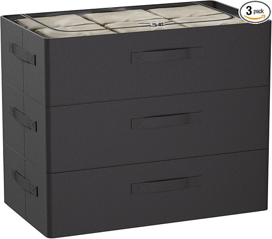 CYhom 3Pcs Under Bed Storage Bins with Metal Frame - Shoe Organizer for Closet with Clear Cover Oxford Fabric Sturdy Underbed Container Foldable Stackable Clothes Organizer (Black, 23.5x11.8x6.3)