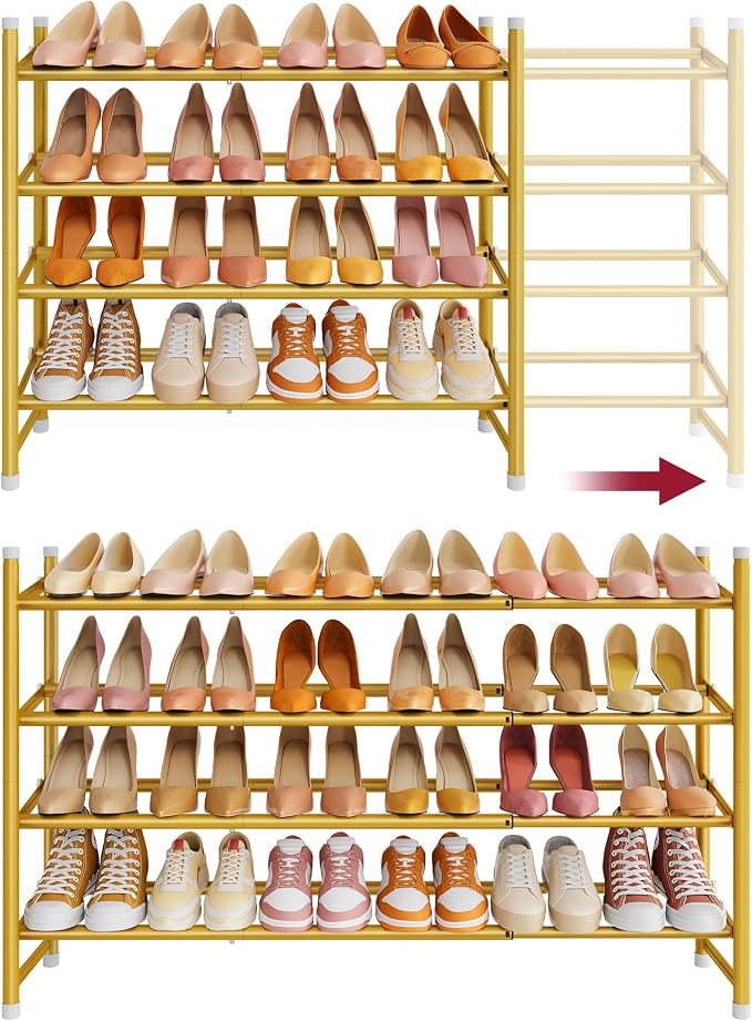 Expandable Shoe Rack for Closet 4 Tier, 28“-41“Stackable, Gold | Adjustable Shoe Organizer Closet Shoe Rack Floor, Metal Shoe Shelf Storage for Entryway, Closet, Garage, Front Door Entrance
