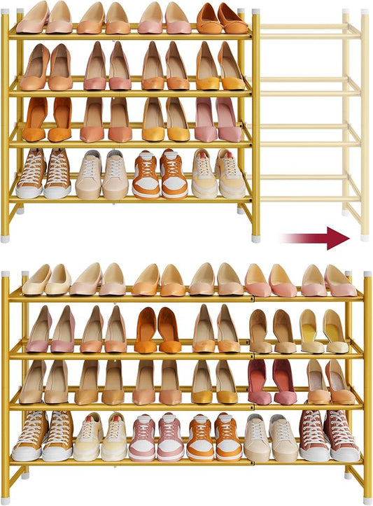 Expandable Shoe Rack for Closet 4 Tier, 28“-41“Stackable, Gold | Adjustable Shoe Organizer Closet Shoe Rack Floor, Metal Shoe Shelf Storage for Entryway, Closet, Garage, Front Door Entrance