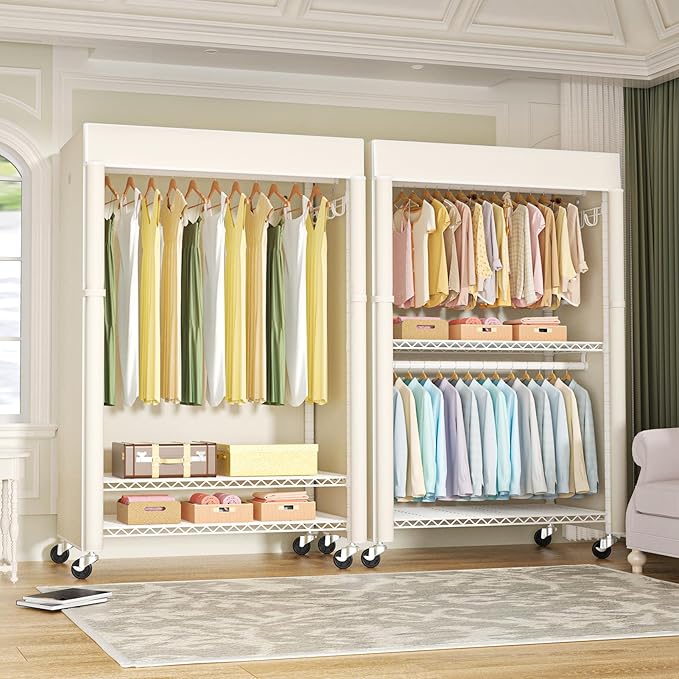 White Clothing Rack with Beige Cover, P1C Plus Rolling Closet | Metal Garment Rack with Wheels for Hanging Clothes, Portable Clothing Storage Wardrobe