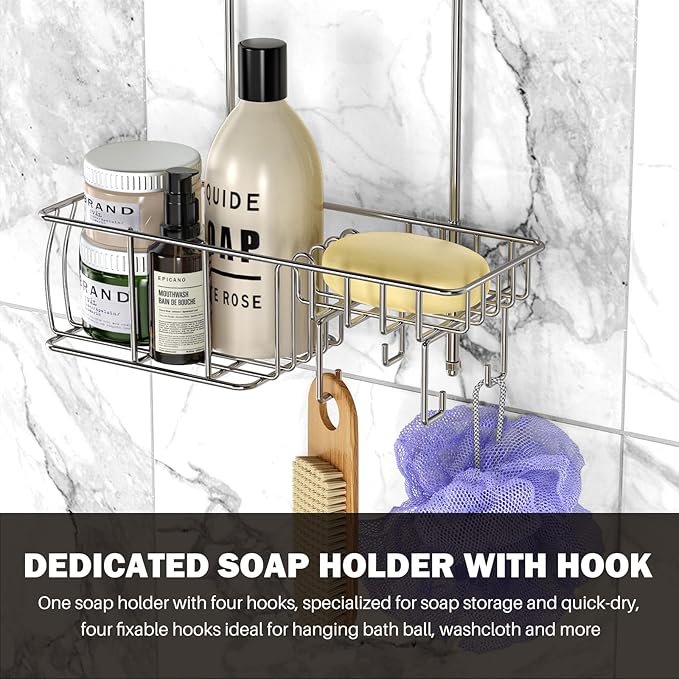 Epicano Shower Caddy Hanging Over Head, Chrome,Stainless Steel | Rustproof,4 Hooks for Towels,Sponge and & Bathroom Accessories,Anti-Swing Suction Cups & Adhesive hooks